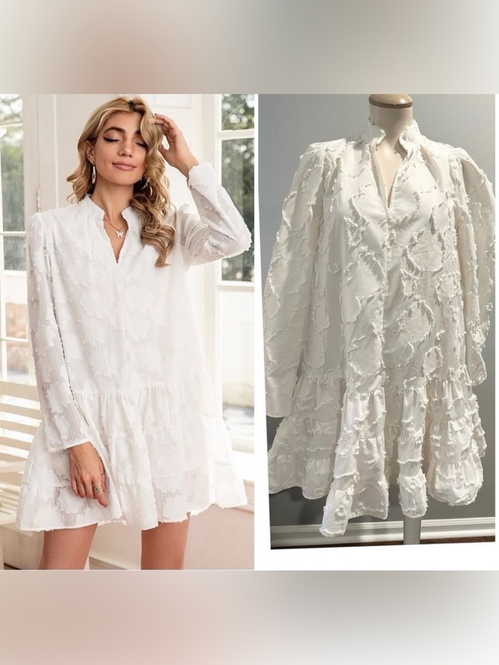 H&M White Textured Ruffle-Hem Mini Dress-XS